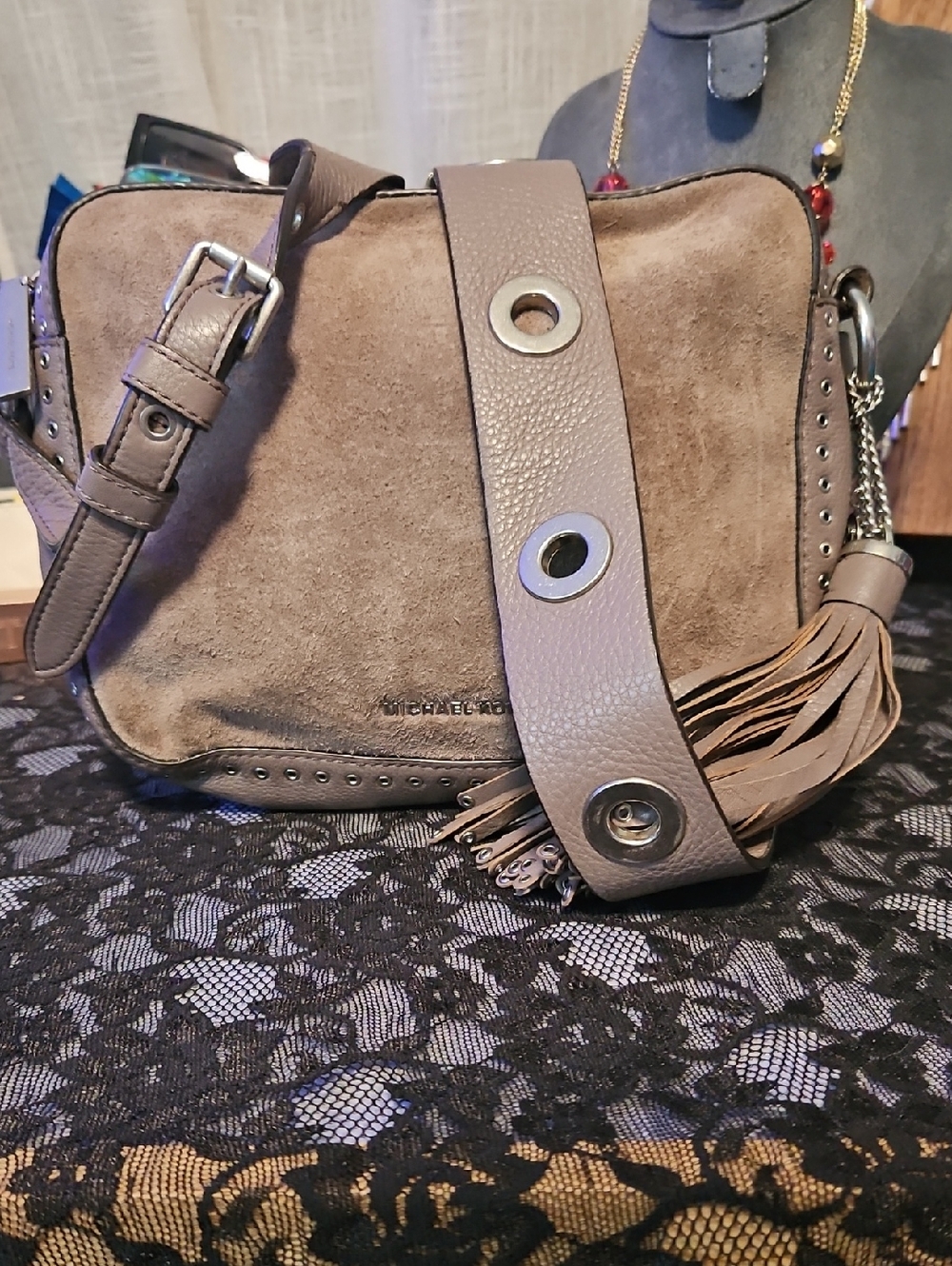 MICHAEL KORS Brooklyn, Taupe Suede Crossbody with Leather Strap & Tassel